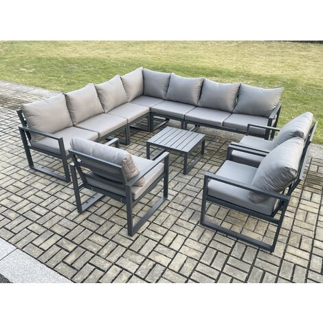 Fimous Outdoor Garden Furniture Patio Lounge Corner Sofa Aluminium Set with Square Coffee Table 3 Pcs Arm Chairs Dark Grey (1/5)