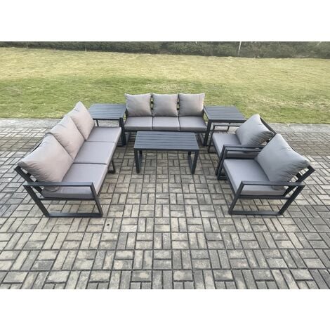 Fimous Aluminium 7 Pieces Garden Furniture Set with Cushions 8 Seater Outdoor Patio Lounge Sofa Set with 2 Armchairs 2 Side Tables Dark Grey