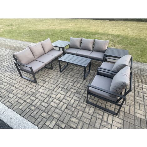 Fimous Aluminium 7 Pieces Garden Furniture Set with Cushions 8 Seater Outdoor Patio Lounge Sofa Set with 2 Armchairs 2 Side Tables Dark Grey