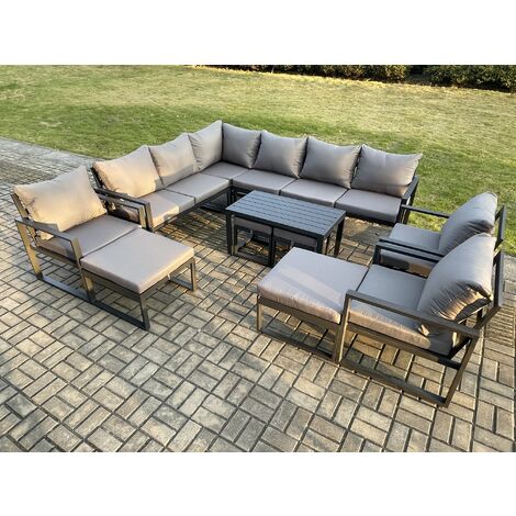 Fimous 13 Seater Aluminium Outdoor Garden Furniture Set Patio Lounge Sofa with Oblong Coffee Table Chair 2 Small Footstools 2 Big Footstools Dark Grey