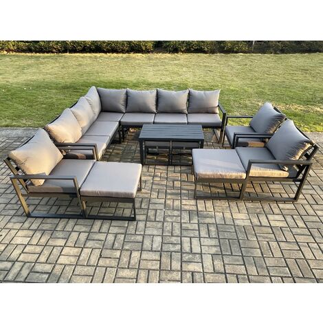 Fimous 13 Seater Aluminium Outdoor Garden Furniture Set Patio Lounge Sofa with Oblong Coffee Table Chair 2 Small Footstools 2 Big Footstools Dark Grey
