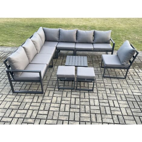Fimous 10 Seater Patio Outdoor Garden Furniture Aluminium Lounge Corner Sofa Set with Square Coffee Table 2 Small Footstools Dark Grey