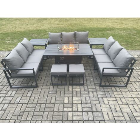 Fimous Aluminium 11 Seater Garden Furniture Outdoor Set Patio Lounge Sofa Gas Fire Pit Dining Table Set with 2 Small Footstools 2 Side Tables Dark Grey