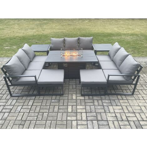 Fimous Aluminium 11 Seater Garden Furniture Outdoor Set Patio Lounge Sofa Gas Fire Pit Dining Table Set with 2 Big Footstools 2 Side Tables Dark Grey
