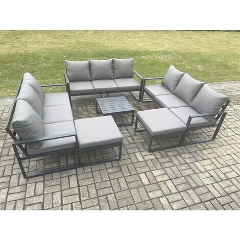 Fimous Aluminium Outdoor Garden Furniture Set Patio Lounge Sofa with Square Coffee Table 2 Big Footstools Conservatory Set Dark Grey (1/5)