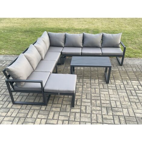 Fimous Aluminium Patio Outdoor Garden Furniture Lounge Corner Sofa Set with Oblong Coffee Table Big Footstool Dark Grey