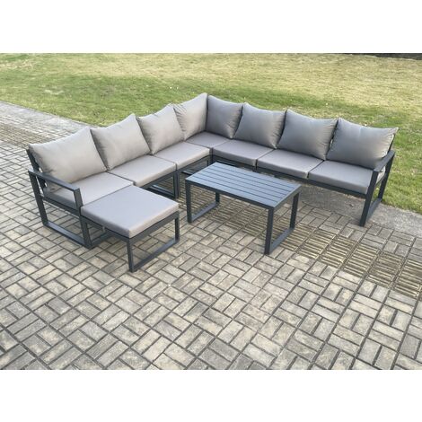 Fimous Aluminium Patio Outdoor Garden Furniture Lounge Corner Sofa Set with Oblong Coffee Table Big Footstool Dark Grey