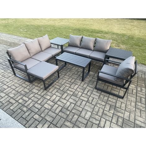 Fimous Aluminium 8 Seater Garden Furniture Outdoor Patio Sofa Set with Rectangular Coffee Table Armchair Big Footstool 2 Side Tables Dark Grey