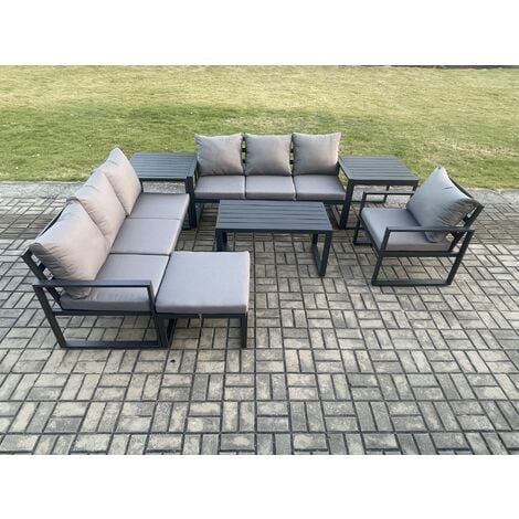 Fimous Aluminium 8 Seater Garden Furniture Outdoor Patio Sofa Set with Rectangular Coffee Table Armchair Big Footstool 2 Side Tables Dark Grey