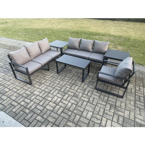 Fimous Aluminium 7 Seater Garden Furniture Outdoor Patio Sofa Set with Rectangular Coffee Table Armchair 2 Side Tables Dark Grey (1/5)