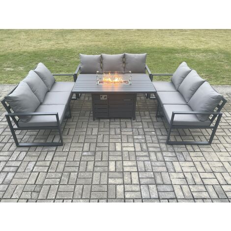 Fimous Aluminium 9 Seater Garden Furniture Outdoor Set Patio Lounge Sofa Gas Fire Pit Dining Table Set Dark Grey