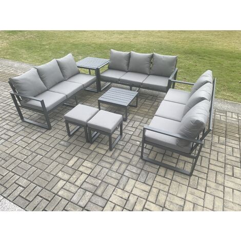 Fimous Aluminium 11 Seater Outdoor Garden Furniture Set Patio Lounge Sofa with Square Coffee Table Side Table 2 Small Footstools Conservatory Set Dark Grey (1/5)