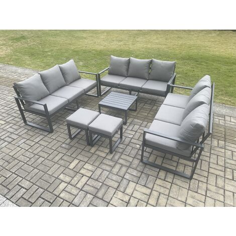 Fimous Aluminium 11 Seater Outdoor Garden Furniture Set Patio Lounge Sofa with Square Coffee Table 2 Small Footstools Conservatory Set Dark Grey (1/5)