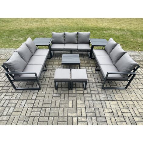 Fimous Aluminium 11 Seater Outdoor Garden Furniture Set Patio Lounge Sofa with Square Coffee Table 2 Side Tables 2 Small Footstools Conservatory Set Dark Grey