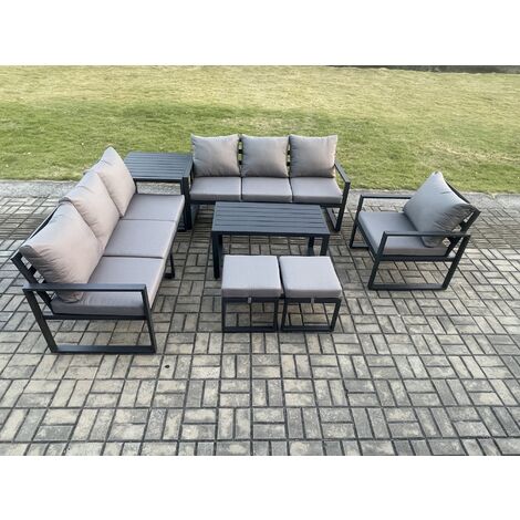Fimous Aluminium 9 Seater Garden Furniture Outdoor Patio Sofa Set with Rectangular Coffee Table Armchair 2 Small Footstool Side Table Dark Grey (1/5)