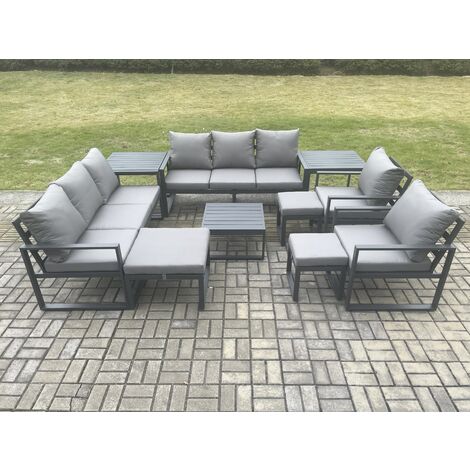 Fimous Aluminium Outdoor Garden Furniture Set Patio Lounge Sofa with Square Coffee Table 2 Side Tables 2 Armchairs 3 Footstools Dark Grey (1/5)