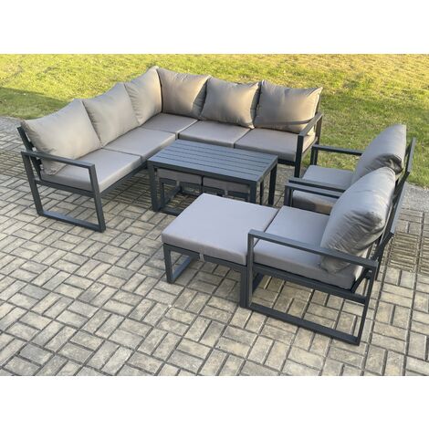 Fimous 10 Seater Aluminium Outdoor Garden Furniture Set Patio Lounge Sofa with Oblong Coffee Table 3 Footstools Dark Grey (1/5)