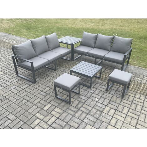 Fimous Aluminium 6 Pieces Garden Furniture Sofa Set with Cushions 8 Seater Outdoor Patio Set with Square Coffee Table 2 Small Footstools Side Table Dark Grey (1/5)