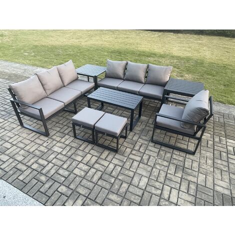 Fimous Aluminium 9 Seater Garden Furniture Outdoor Patio Sofa Set with Rectangular Coffee Table Armchair 2 Small Footstool 2 Side Tables Dark Grey (1/5)
