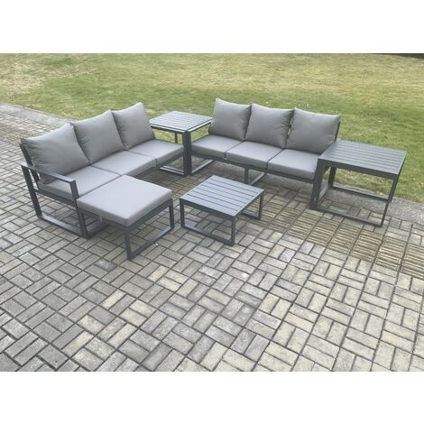 Fimous Aluminium 6 Pieces Garden Furniture Sofa Set with Cushions 7 Seater Outdoor Patio Set with Square Coffee Table Big Footstool 2 Side Tables Dark Grey (1/5)