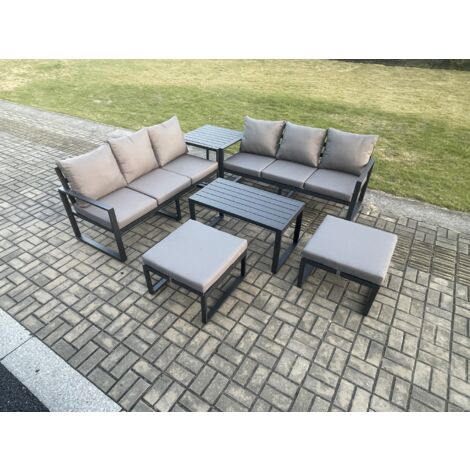 Fimous Aluminium Patio Outdoor Garden Furniture Lounge Sofa Set with Oblong Coffee Table 2 Big Footstools Side Table Dark Grey (1/5)