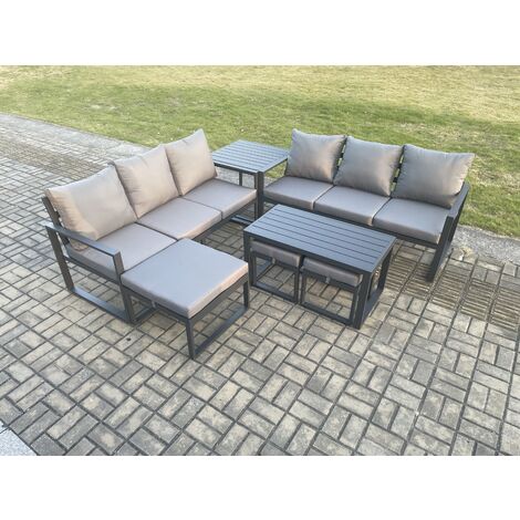 Fimous Aluminium 9 Seater Garden Furniture Outdoor Patio Sofa Set with Rectangular Coffee Table 3 Footstools Side Table Dark Grey (1/5)