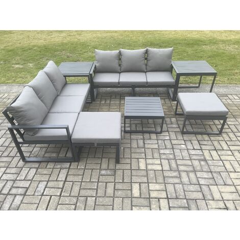 Fimous Aluminium 8 Seater Outdoor Garden Furniture Lounge Sofa Set with Square Coffee Table 2 Side Tables 2 Big Footstools Dark Grey