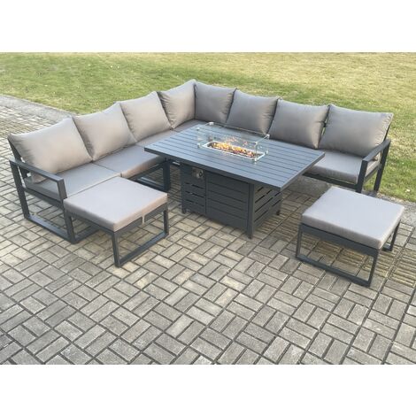 Fimous Aluminium 9 Seater Garden Furniture Outdoor Set Patio Lounge Sofa Gas Fire Pit Dining Table Set with 2 Big Footstools Dark Grey (1/5)