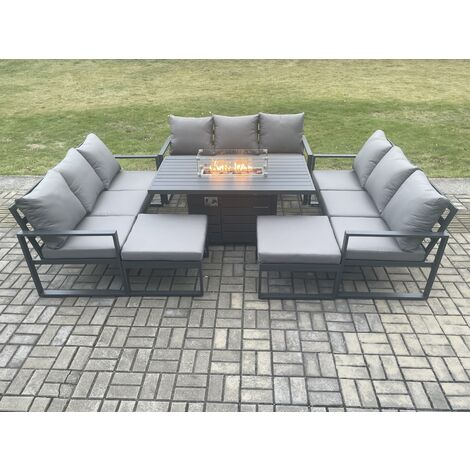 Fimous Aluminium 11 Seater Garden Furniture Outdoor Set Patio Lounge Sofa Gas Fire Pit Dining Table Set with 2 Big Footstools Dark Grey