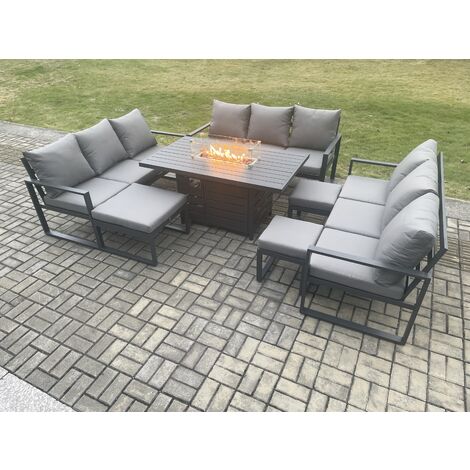 Fimous Aluminium Garden Furniture Outdoor Set Patio Lounge Sofa Gas Fire Pit Dining Table Set with 3 Footstools Dark Grey