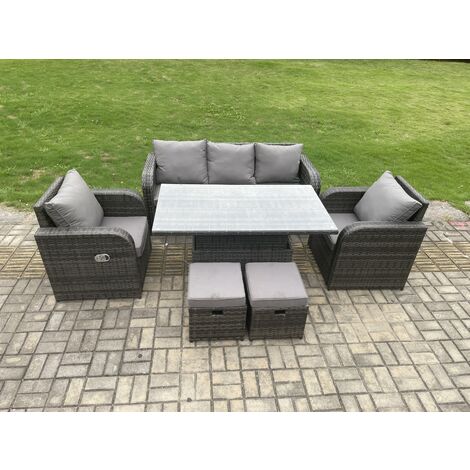 Fimous Rattan Furniture Garden Dining Sets Outdoor Height Adjustable Rising lifting Table and Chair Set With  Lounge Sofa 2 Small Footstools