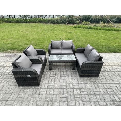 Fimous Patio Garden Furniture Sets Wicker 6 Seater Outdoor Rattan Furniture Sofa Sets with Rectangular Coffee Table Reclining Chair