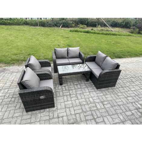 Fimous Patio Garden Furniture Sets Wicker 6 Seater Outdoor Rattan Furniture Sofa Sets with Rectangular Coffee Table Reclining Chair