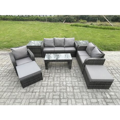 Fimous 8 Seater High Back Rattan Garden Furniture Set with Reclining Chair Rectangular Coffee Table 2 Side Tables 2 Big Footstool Indoor Outdoor Patio Lounge Sofa Set Dark Grey Mixed (1/5)