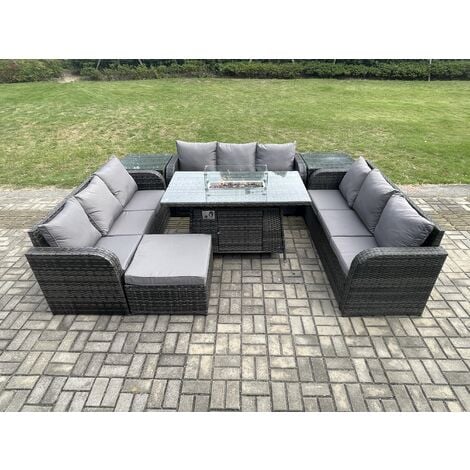 Fimous Rattan Furniture Garden Dining Set Gas Fire Pit Table With 2 ...