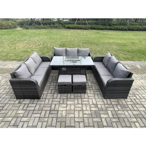 Fimous Rattan Furniture Garden Dining Set Gas Fire Pit Table With Lounge Sofa 2 Small Footstools Dark Grey Mixed (1/5)