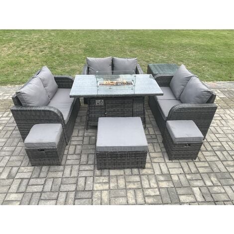 Fimous 9 Seater Outdoor Rattan Furniture Garden Dining Set Gas Fire Pit ...