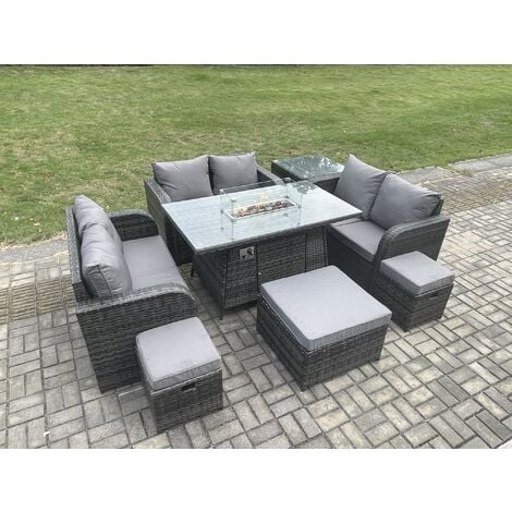 Fimous 9 Seater Outdoor Rattan Furniture Garden Dining Set Gas Fire Pit ...