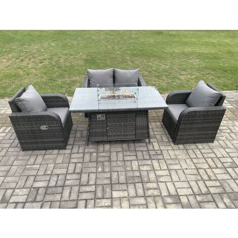 Fimous Rattan Outdoor Garden Furniture Sofa Set Gas Fire Pit Dining Table Gas Heater with Love Sofa 2 Recling Chair Dark Grey Mixed (1/5)
