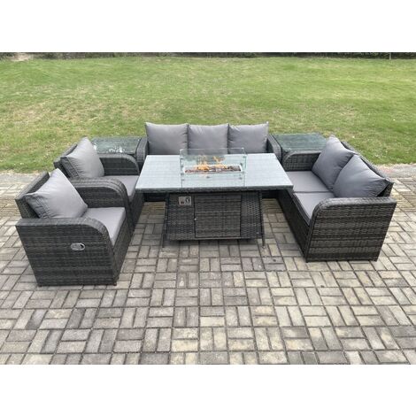 Fimous 7 Seater PE Wicker Outdoor Rattan Garden Furniture Set Propane Gas Fire Pit Table and Sofa Chair set with 2 Side Tables (1/5)