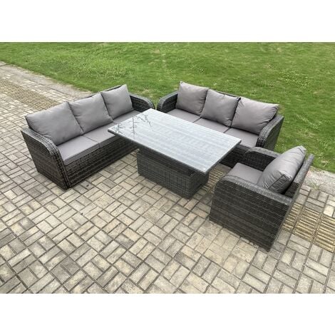 Fimous 7 Seater Outdoor Rattan Garden Furniture Sets Height Adjustable Rising lifting Dining Table Sofa Set with Reclining Chair Dark Grey Mixed