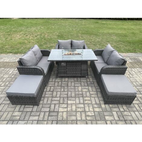 Fimous 8 Seater Rattan Outdoor Garden Furniture Sofa Set Gas Fire Pit Dining Table Gas Heater with Love Sofa 2 Big Footstool Dark Grey Mixed (1/5)