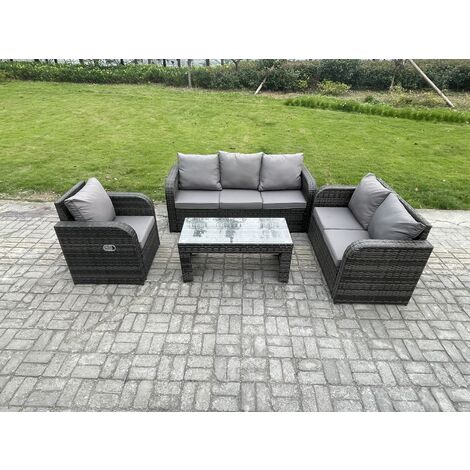 Fimous 6 Seater Outdoor Rattan Garden Furniture Set Rattan Lounge Sofa Set with Rectangular Coffee Table Reclining Chair Dark Grey Mixed (1/5)