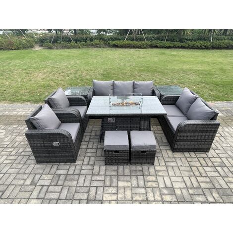 Fimous 9 Seater PE Wicker Outdoor Rattan Garden Furniture Set Propane Gas Fire Pit Table and Sofa Chair set with 2 Side Tables 2 Small Footstools (1/5)