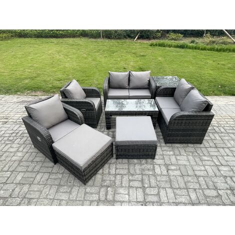 Fimous 8 PCS Garden Furniture set Rattan Outdoor Lounge Sofa Table Chair With Tempered Glass Table Dark Grey Mixed (1/5)