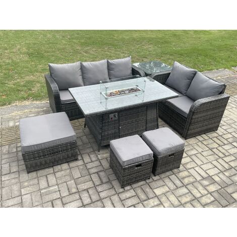 Fimous Garden Patio Furniture Wicker Rattan Gas Fire Pit Table and Sofa Chair set with Side Table 3 Footstools Dark Grey Mixed