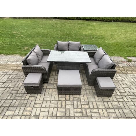 Fimous Rattan Garden Outdoor Furniture 3 PC Love Sofa Set Adjustable Rising lifting Dining Table With Side Table 3 Footstools (1/5)