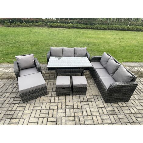 Fimous 10 Seater Outdoor Rattan Garden Furniture Set Oblong Rectangular Dining Table and Chairs Set with 3 Seater Sofa 3PC Footstools Dark Grey Mixed (1/5)