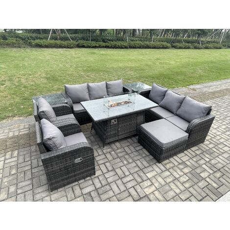 Fimous Wicker Rattan Garden Furniture Set Gas Fire Pit Dining Table Indoor Outdoor with 2 Side Tables Chair Loveseat Sofa Big Footstool