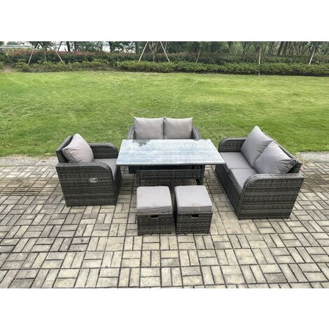 Fimous 7 Seater Lounge Rattan Sofa Set Outdoor Garden Furniture Oblong Rectangular Dining Table With Chairs Footstools Dark Grey Mixed (1/5)